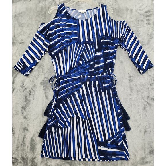 Calvin Klein Dress Womens 8 Blue Cold Shoulder Tassel Tie Waist Stretch Jersey - Picture 1 of 10